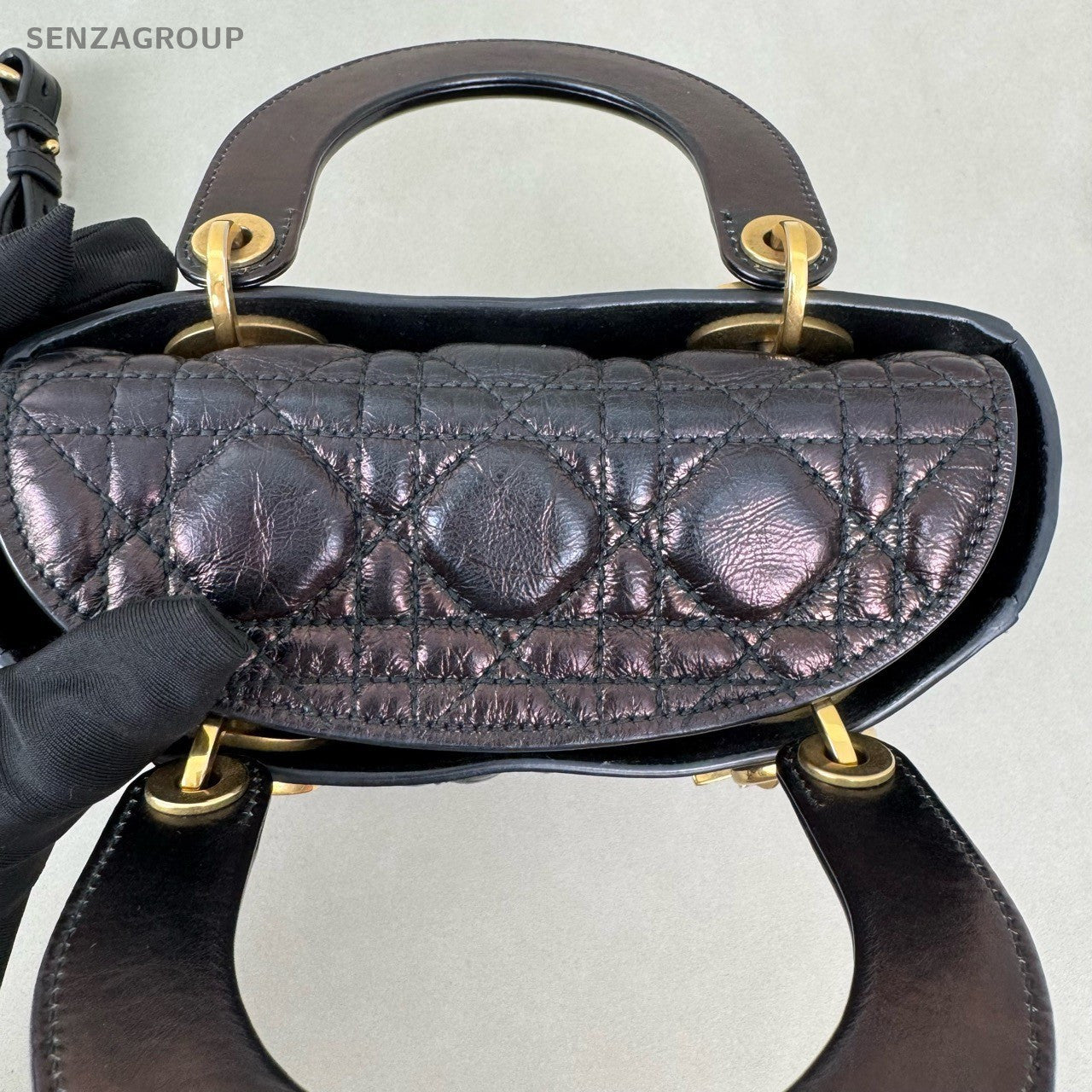 Christian Dior Lady Top Handle Oil wax leather 2way Shoulder bag Black Gold