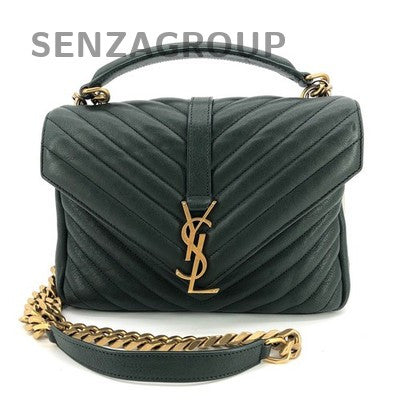 YSL Saint Laurent College Green Gold Hardware V-Stitch Tote Shoulder Bag