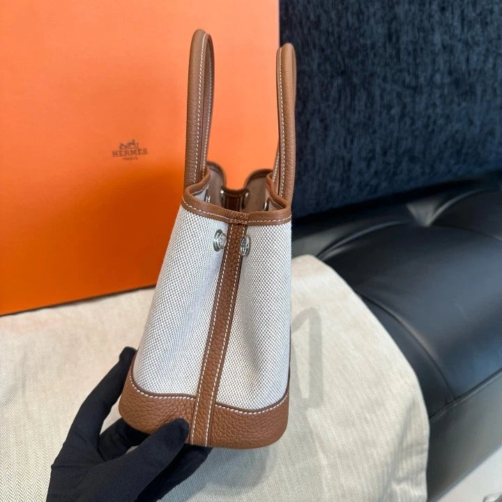 Hermes Garden Party Canvas Mini Top Handle Bag Brown Silver Women Classic D