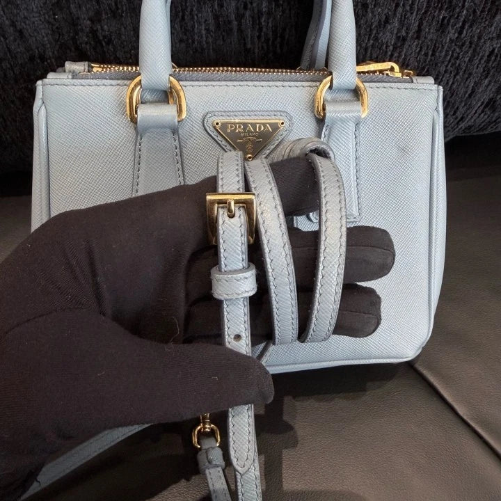 Prada Galleria Mini Tote Classic Logo Top Handle Crossbody Bag Blue Women D
