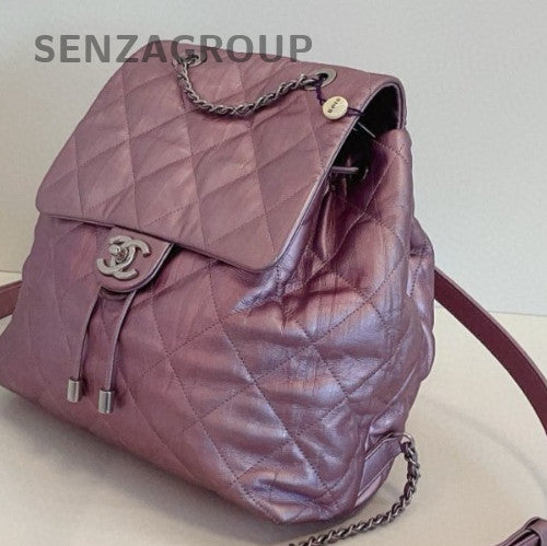 Chanel Calfskin Diamond Pattern Backpack Purple Used Women Classic Designer