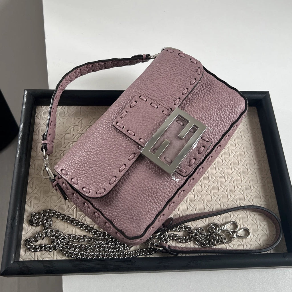 Fendi Baguette Calfskin Purple Top Handle Bag Crossbody Silver Hardware