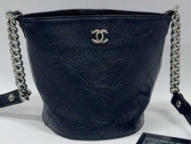 Chanel Bucket Chain Shoulder Bag Crossbody Black Silver Diamond Women Classic
