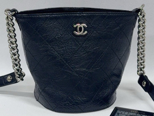 Chanel Bucket Chain Shoulder Bag Crossbody Black Silver Diamond Women Classic