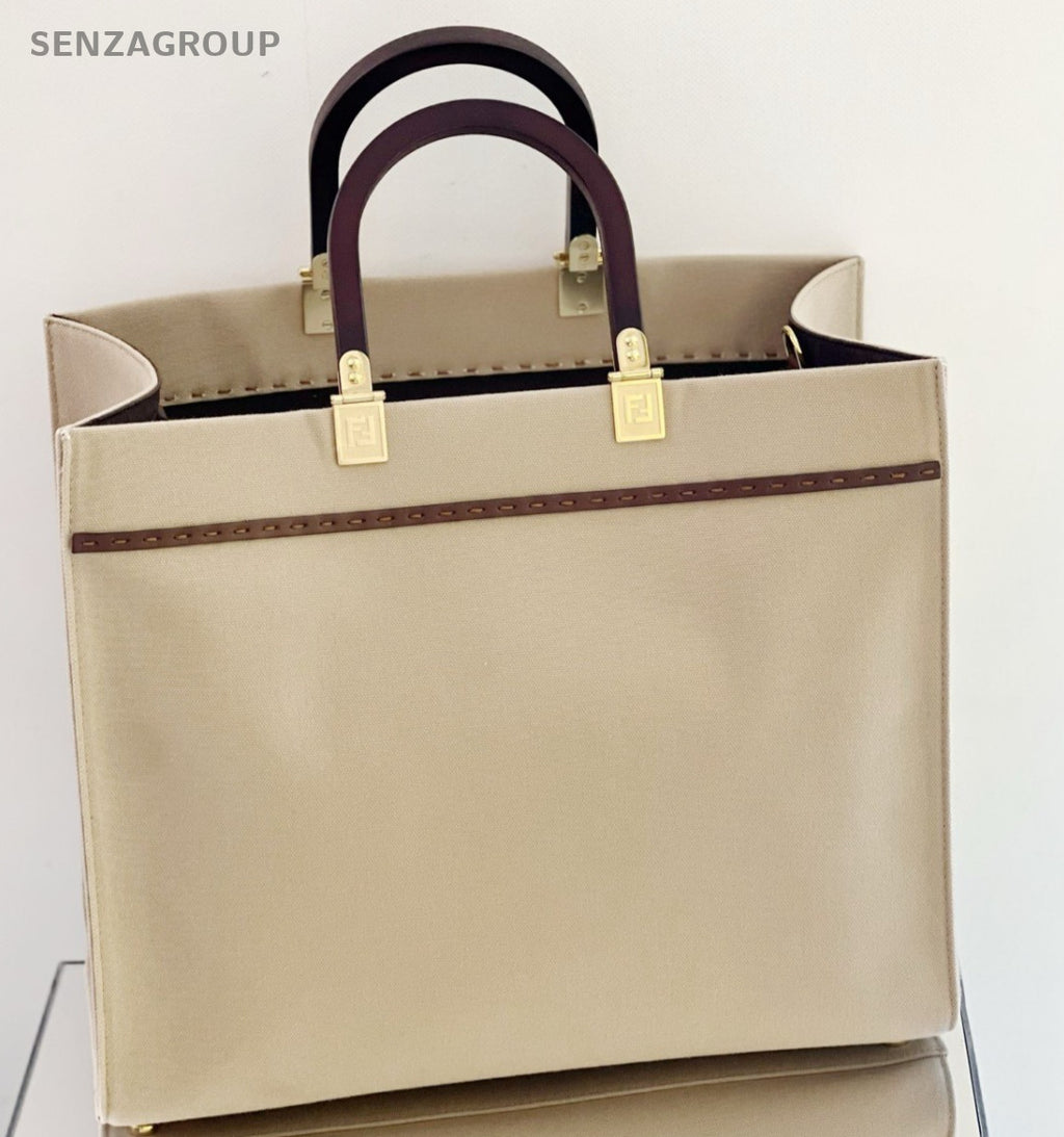 FENDI Sunshine MM Canvas Top Handle Shoulder Crossbody Tote Beige Women