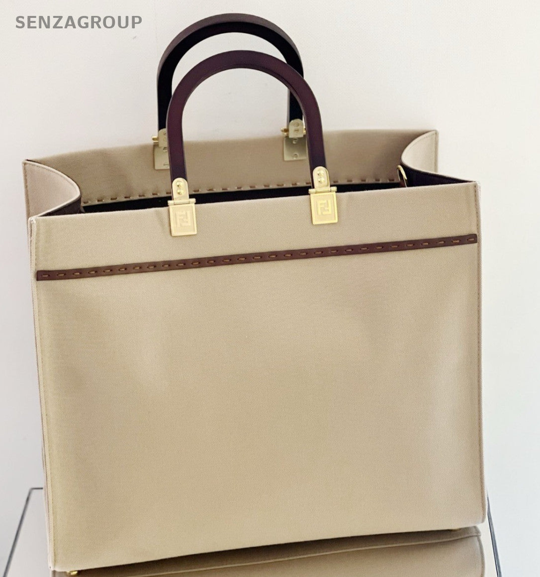 FENDI Sunshine MM Canvas Top Handle Shoulder Crossbody Tote Beige Women