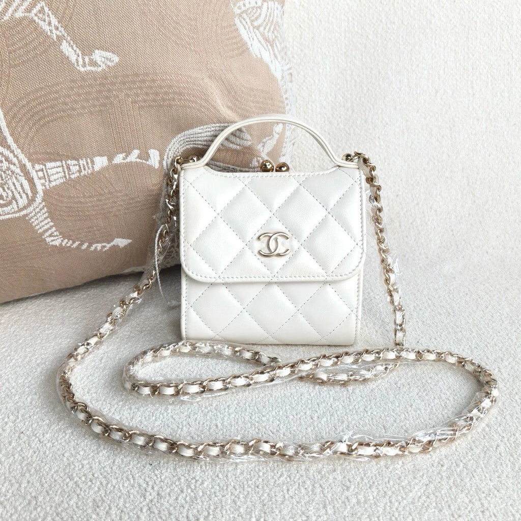 Chanel Lambskin Diamond Top Handle Chain Crossbody White Gold Women Classic