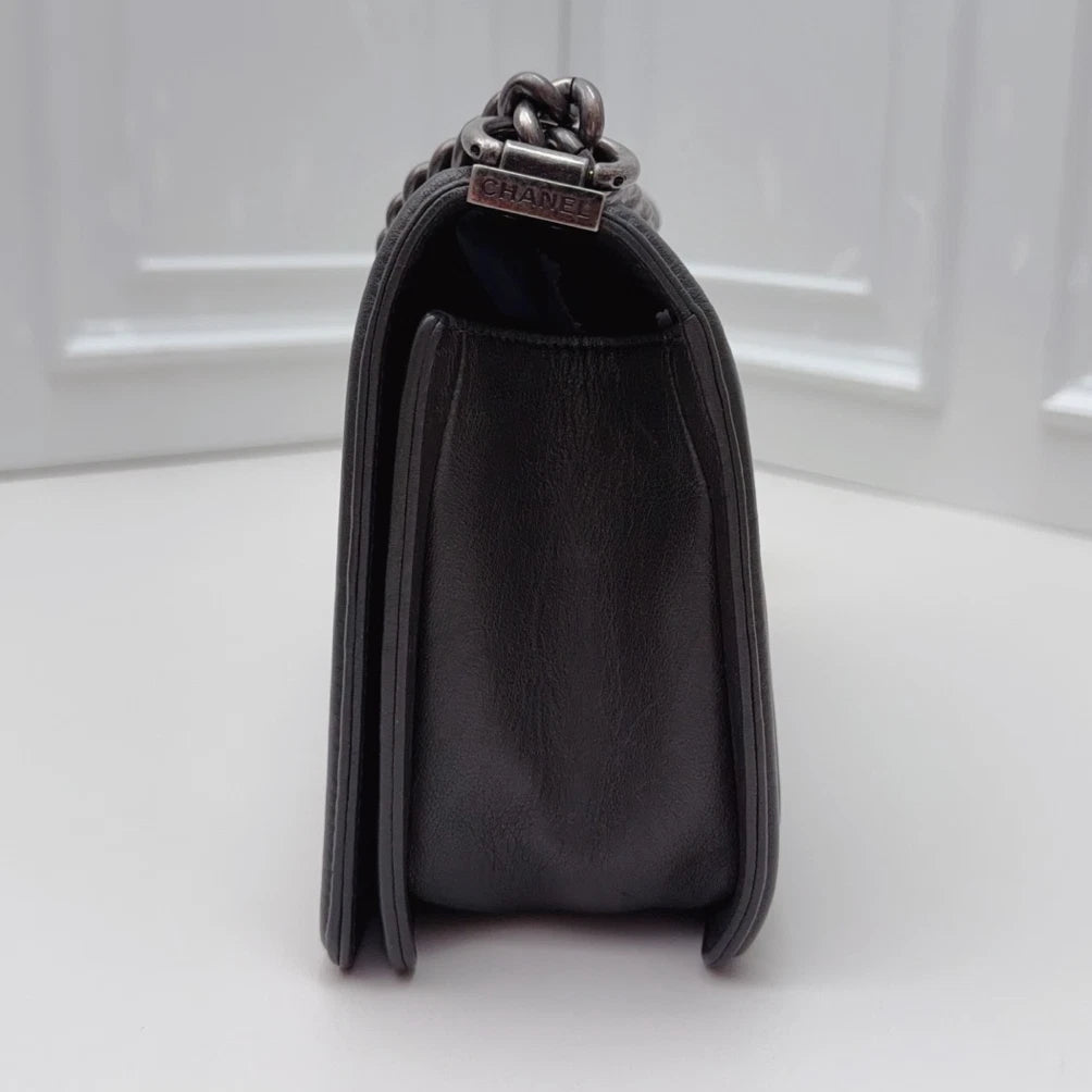 Chanel Leboy Chain Shoulder Bag Crossbody Black Silver Diamond Women Classic