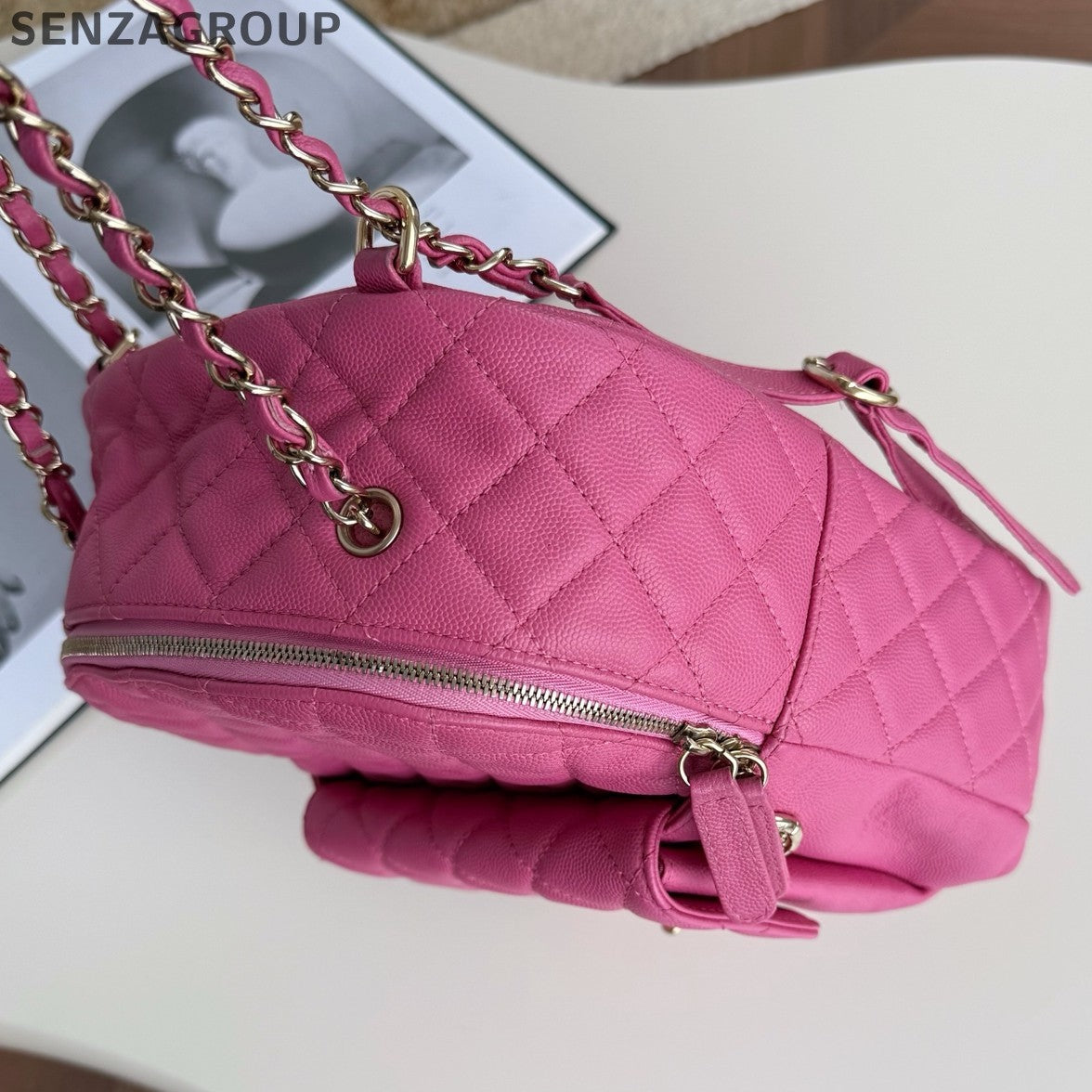 Chanel Diamond Chain Backpack Pink Gold Classic Fashion Women