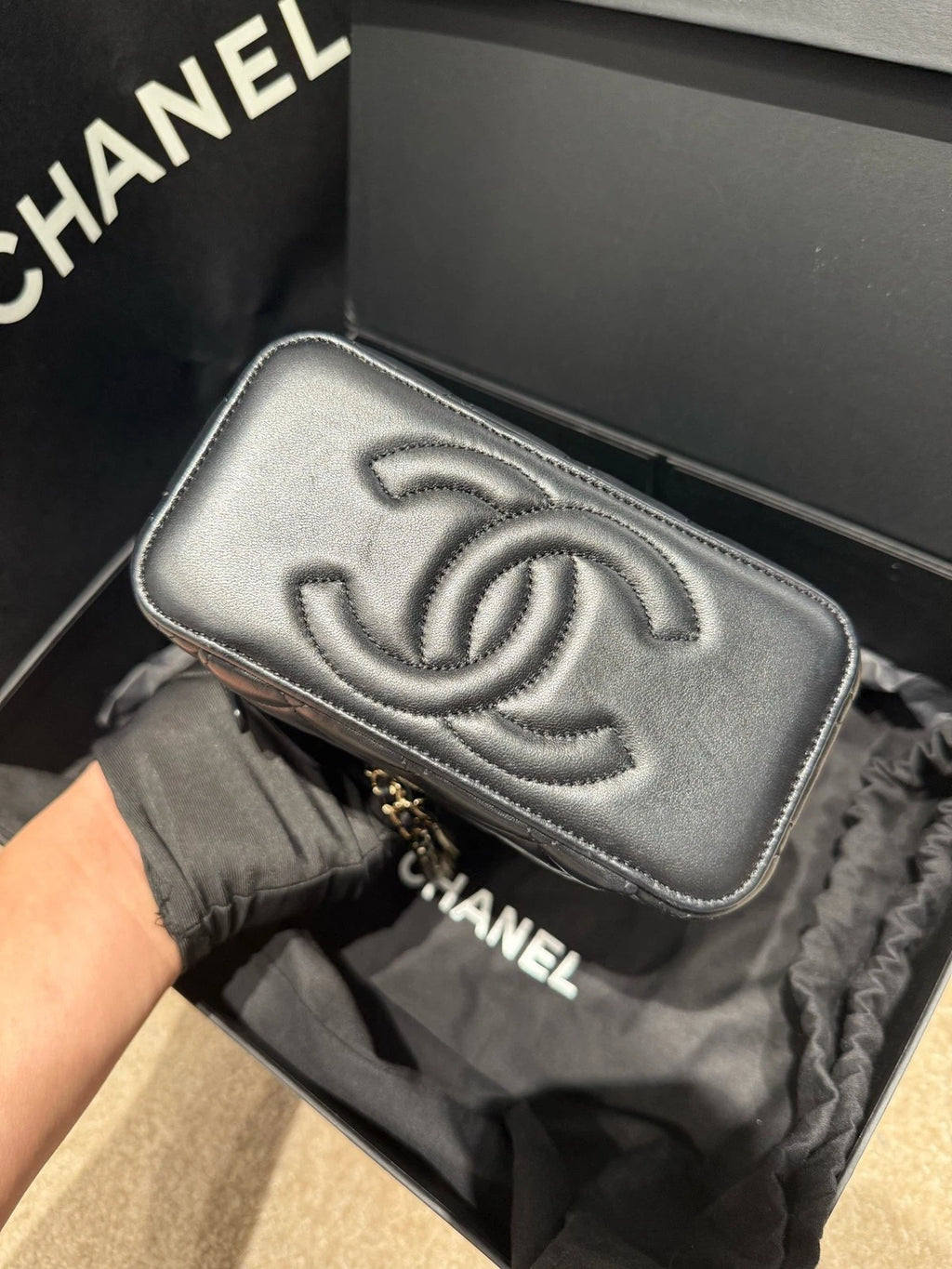 CHANEL 24 Chip Black Gold Lambskin Top Handle Box Bag For Women