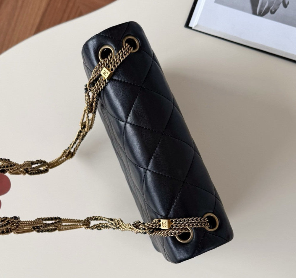 Chanel Diamond Chain 2Way Shoulder Crossbody Black Gold Women Classic Fashion