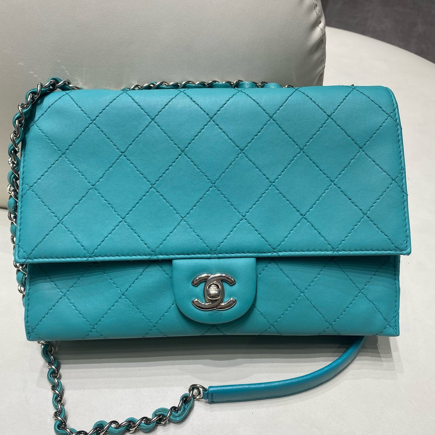 Chanel Classic Flap Quilted Chain Shoulder Bag Blue Silver