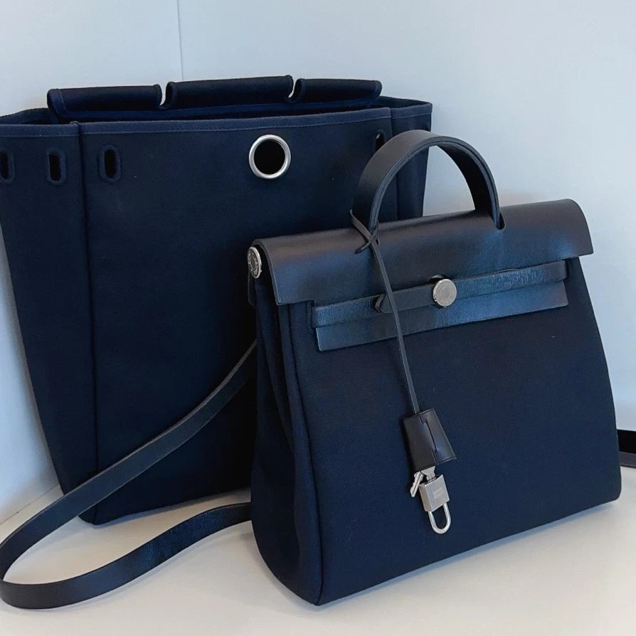 Hermes Herbag Backpack Top Handle Bag Black Silver Women Classic