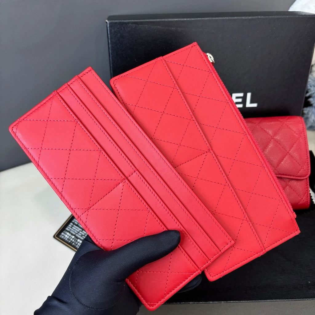 Chanel Calfskin Diamond Clutch Red Silver Women Classic