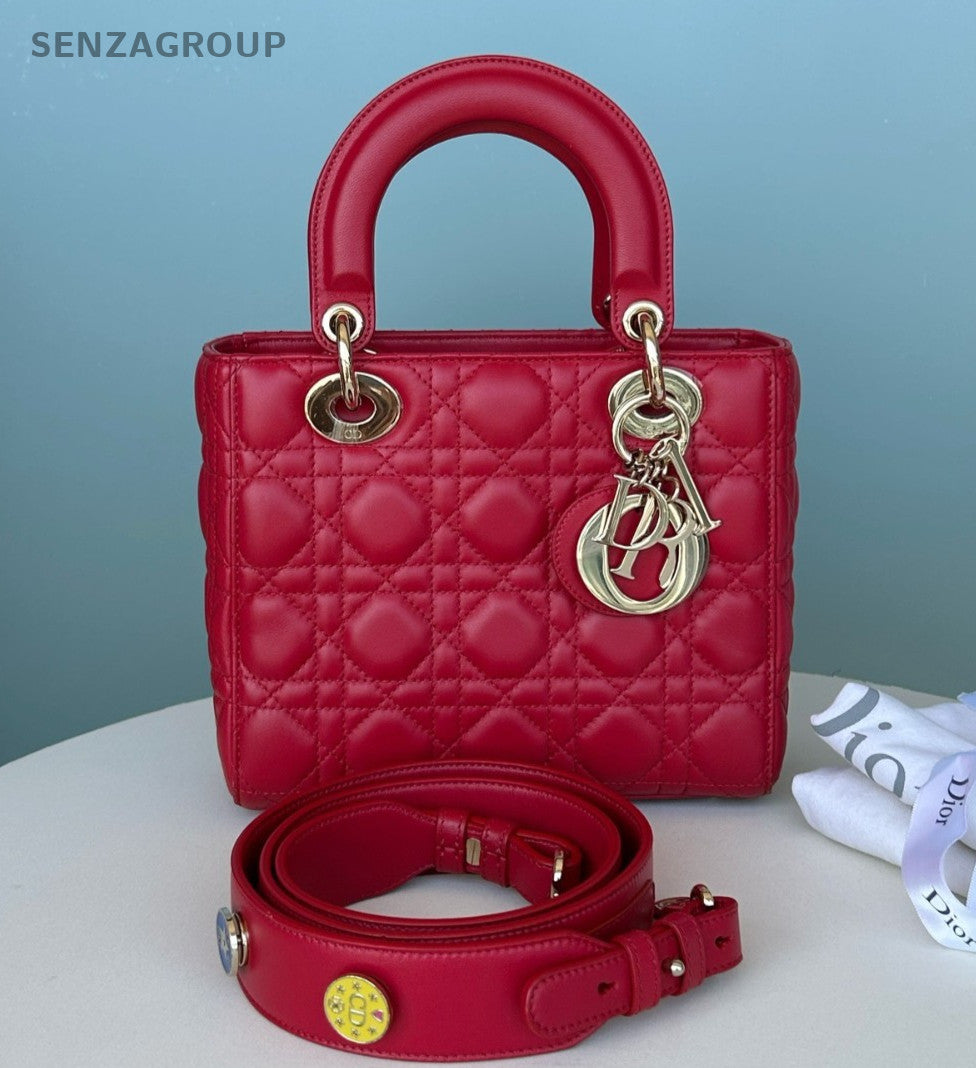 Christian Dior Lady Dior 2Way Top Handle Bag Crossbody Red Gold Women Classic