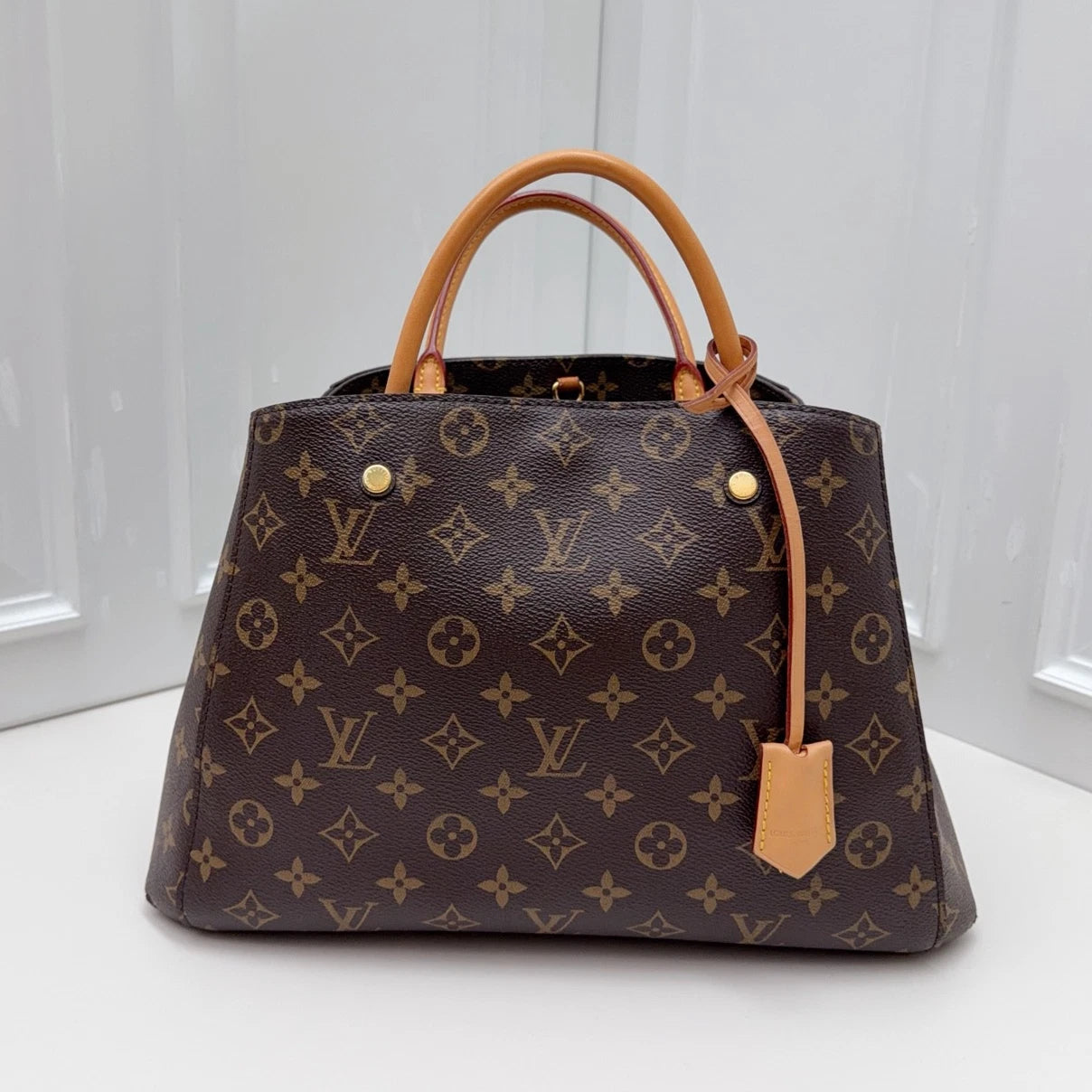 Louis Vuitton Montaigne MM Top Handle Shoulder Crossbody Brown Gold Used Women