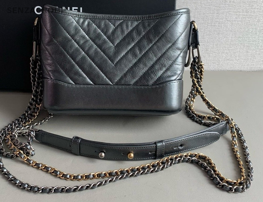 Chanel Gabrielle PM Calfskin V-Quilted Hobo Shoulder Crossbody Bag Black Women