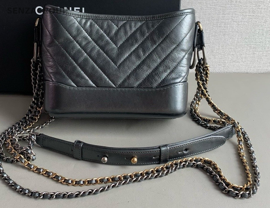 Chanel Gabrielle PM Calfskin V-Quilted Hobo Shoulder Crossbody Bag Black Women
