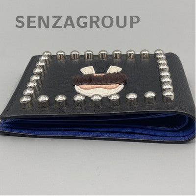 FENDI Studded Short Wallet Black Blue Women Classic