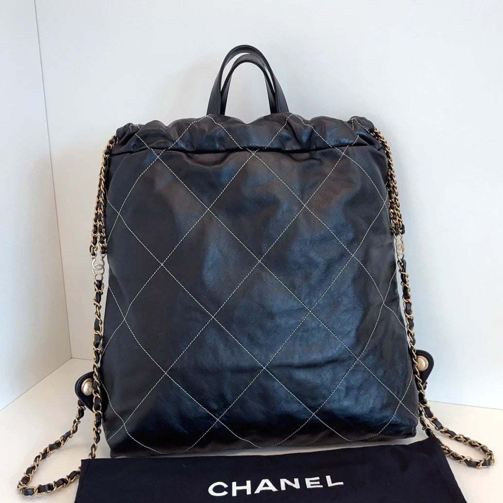 Chanel 22Bag Chain Backpack Black Gold Diamond Women Classic