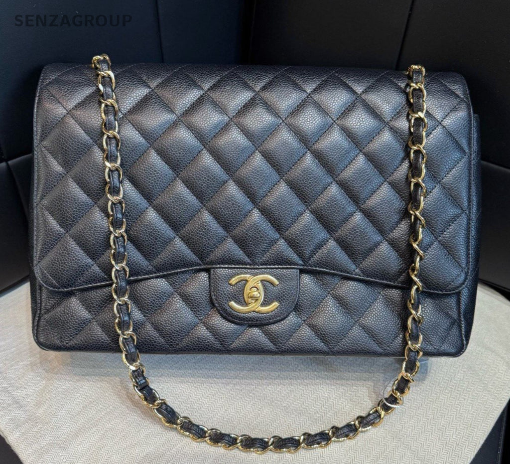 Chanel Classic Flap Chain Maxi Calfskin Diamond Shoulder Bag Black Gold Women