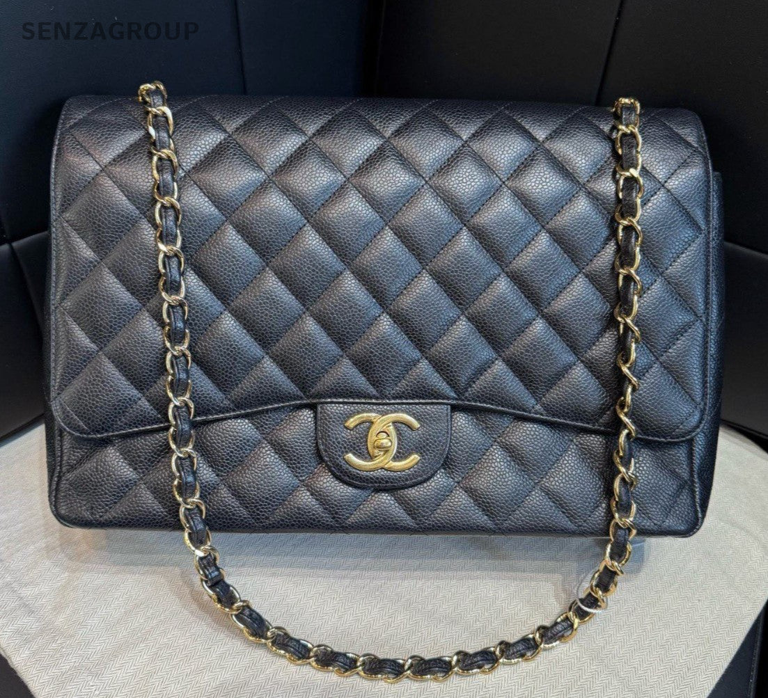 Chanel Classic Flap Chain Maxi Calfskin Diamond Shoulder Bag Black Gold Women