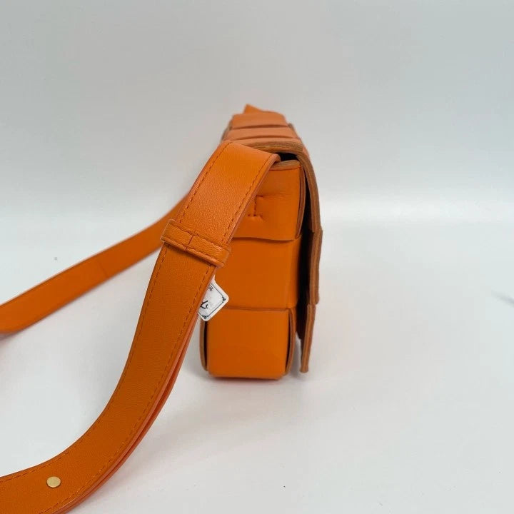 Bottega Veneta Cassette Orange Lambskin Woven Crossbody Bag Women