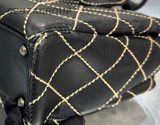 Chanel Calfskin Diamond Pattern Top Handle Bag Black Used Women Classic