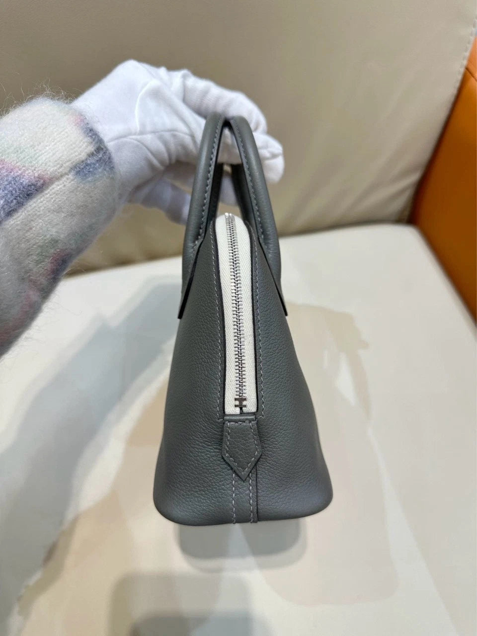 Hermes Mini Bolide Gray Leather Top Handle Bag For Women