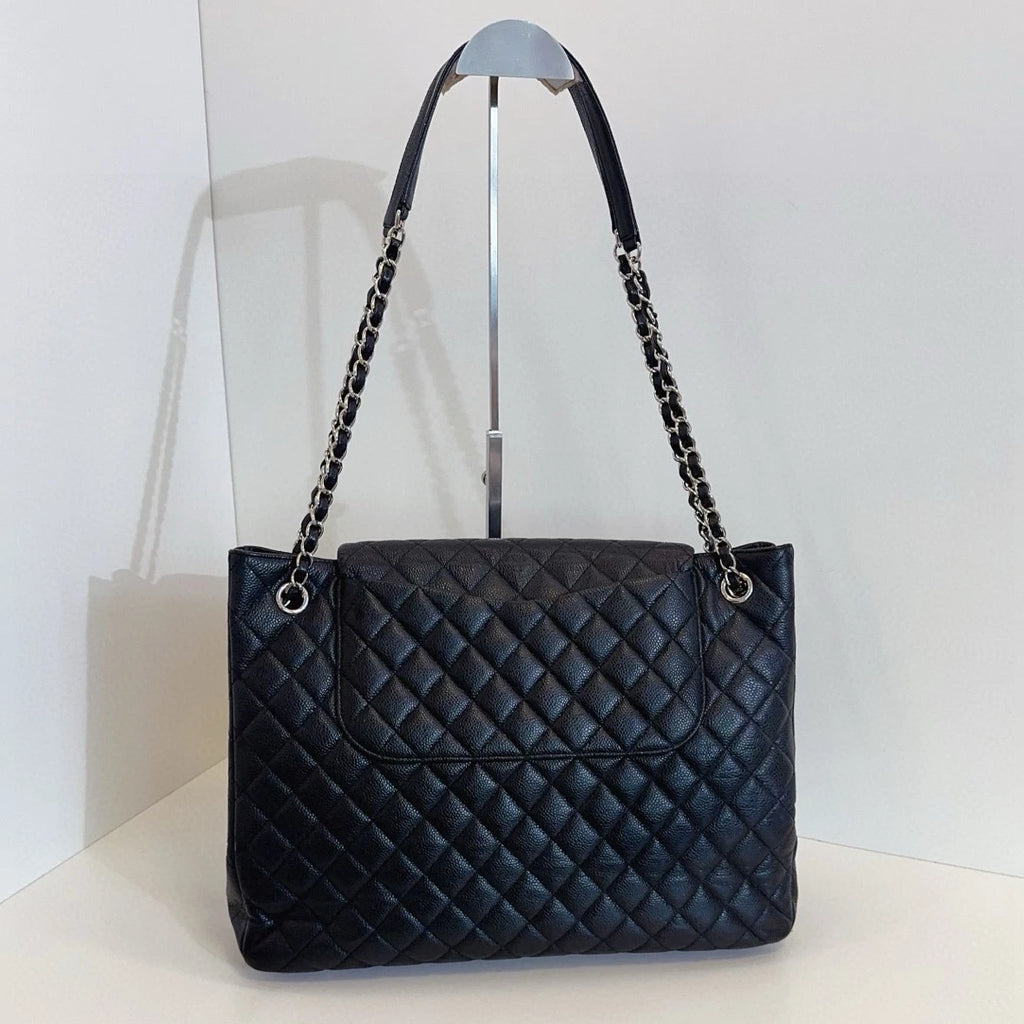 Chanel Calfskin Tote Chain Shoulder Bag Black Silver Diamond Women Classic