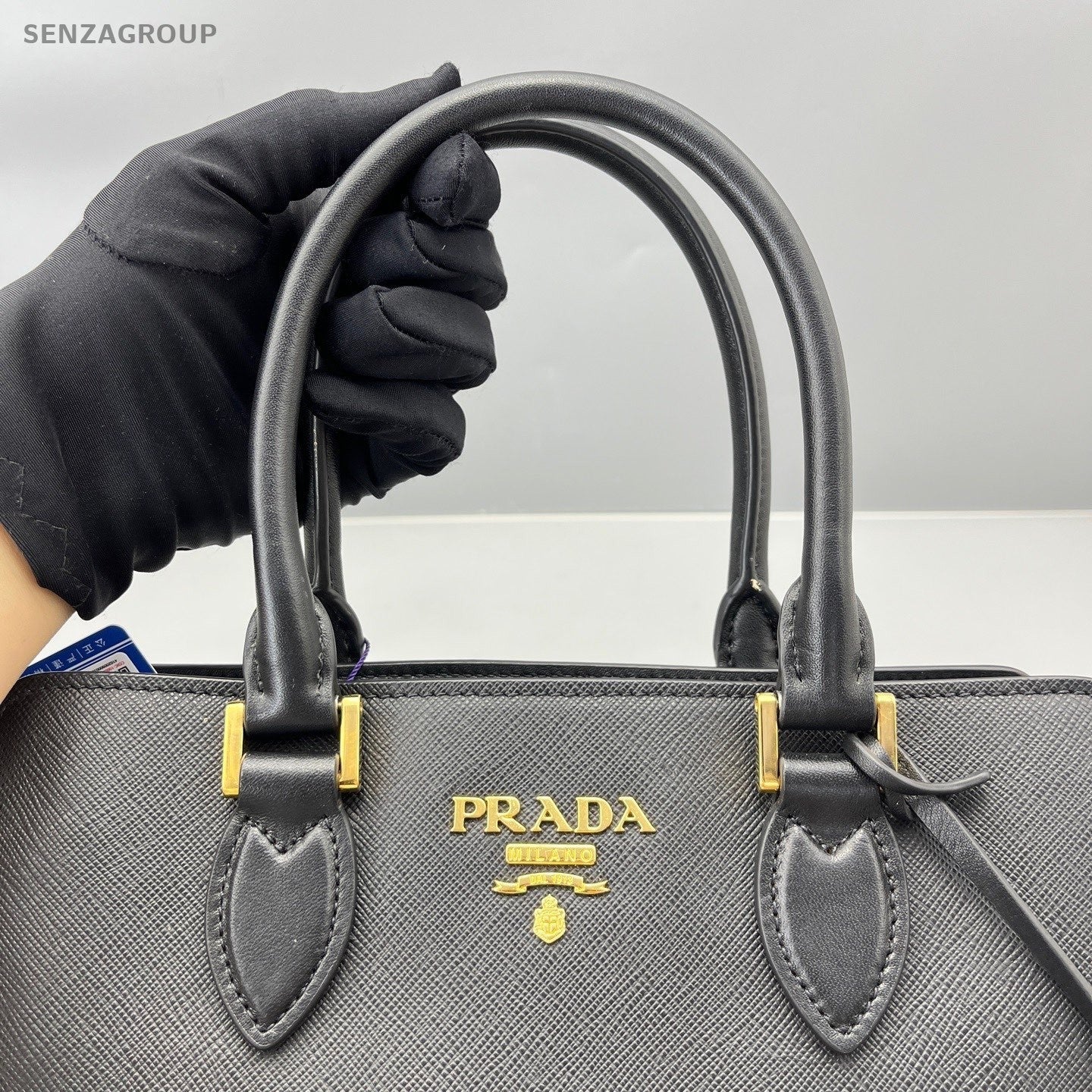 Prada Galleria 2Way Top Handle Bag Crossbody Black Gold Women Classic