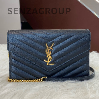 Saint Laurent Black Gold Grained Leather Chain Shoulder Crossbody Bag Classic