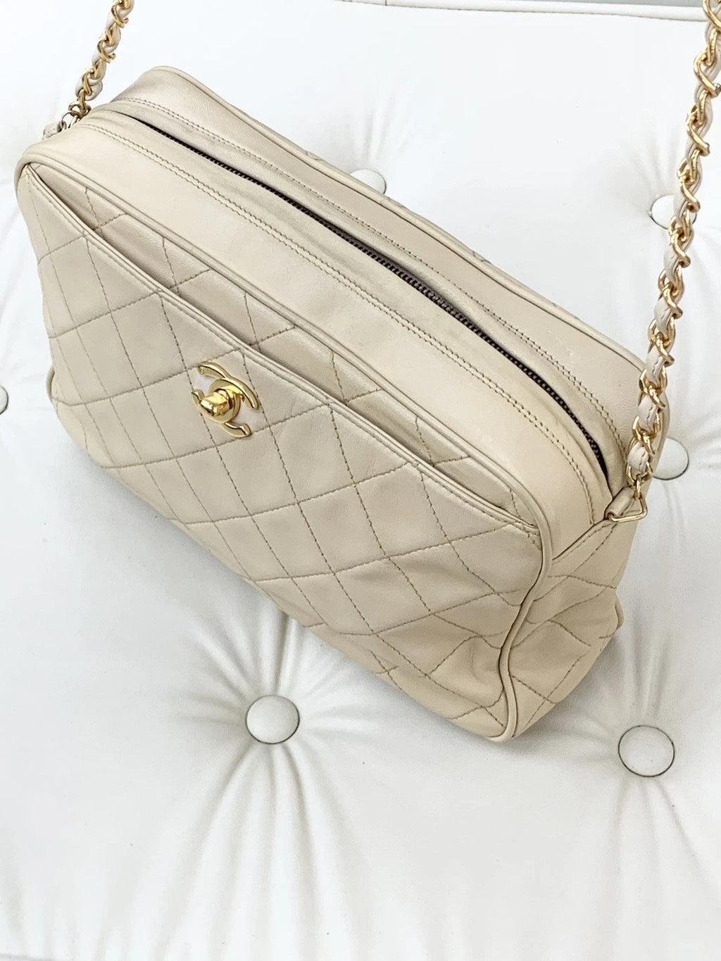 Chanel Lambskin Camera Bag Chain Shoulder Crossbody Bag Beige Women S
