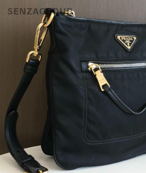 Prada Nylon Hobo Shoulder Bag Crossbody Black Gold Women Classic