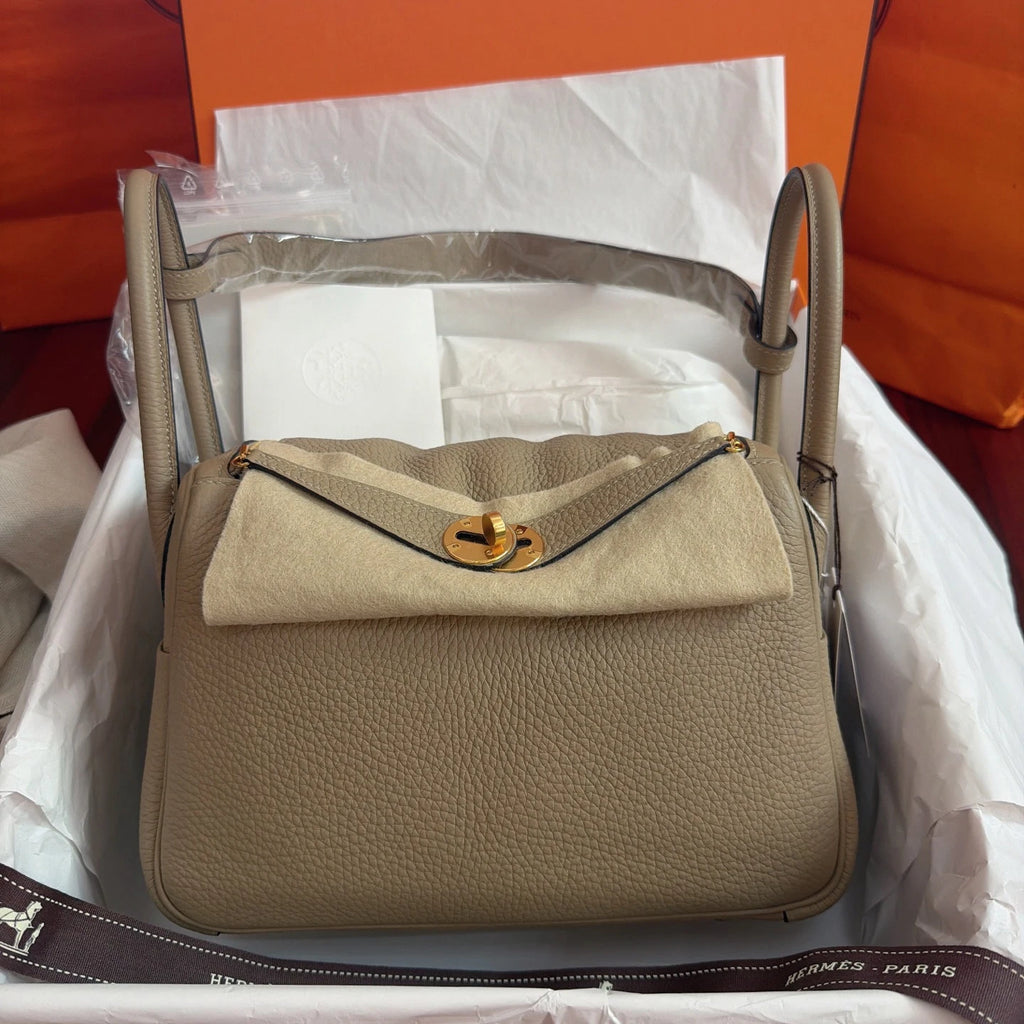 New Hermes Lindy26 TC Leather Gray Handbag Shoulder Bag Gold Hardware