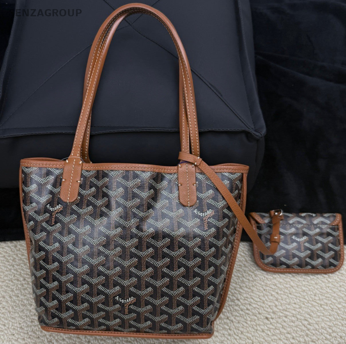 Goyard Leather Monogram Tote Top Handle Shoulder Bag with Pouch Women Brown.