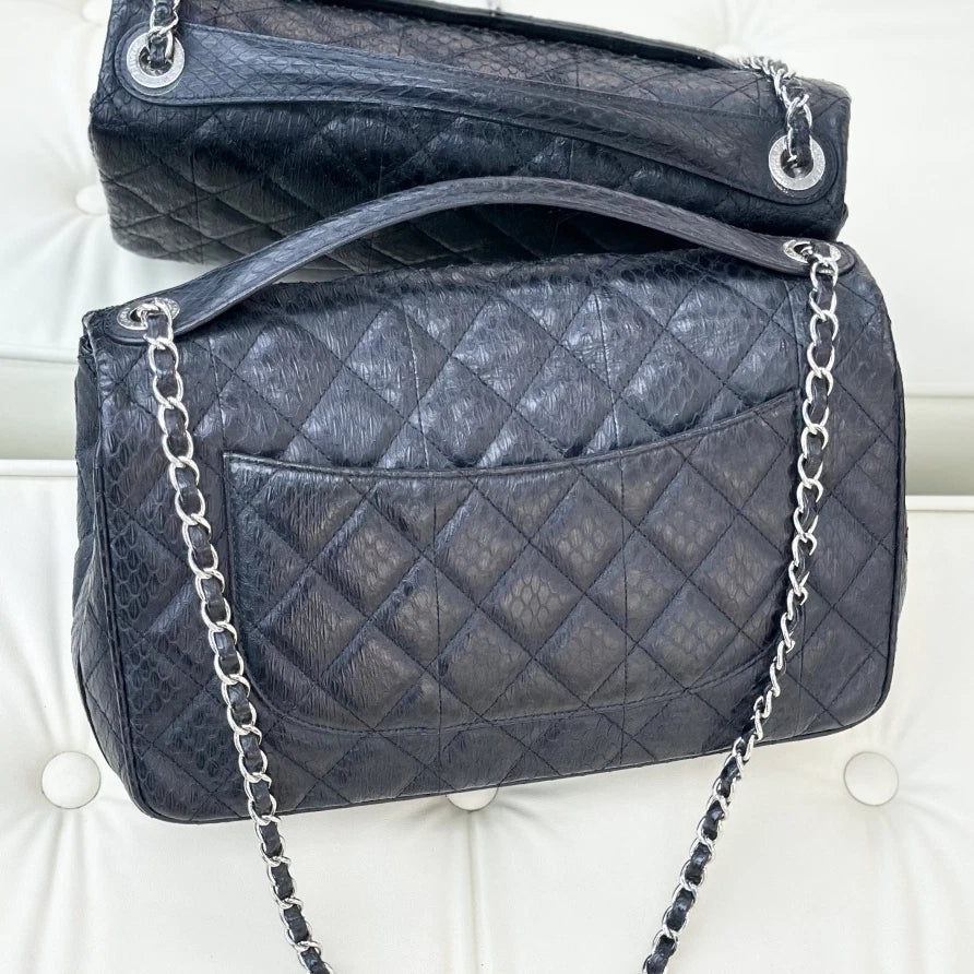 Chanel Classic Flap Jumbo Chain Crossbody Top Handle Bag Black Silver Women