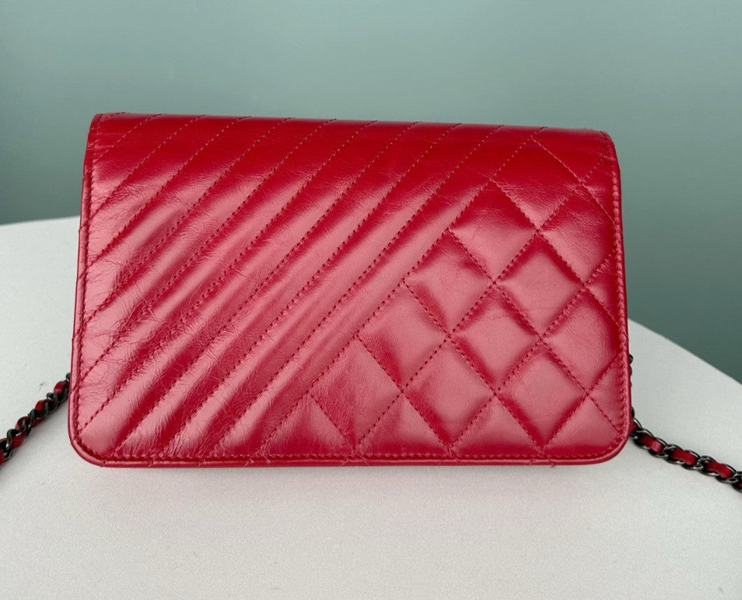 CHANEL CC Woc Oil waxed leather Chain Shoulder bag Crossbody Red Silver Women