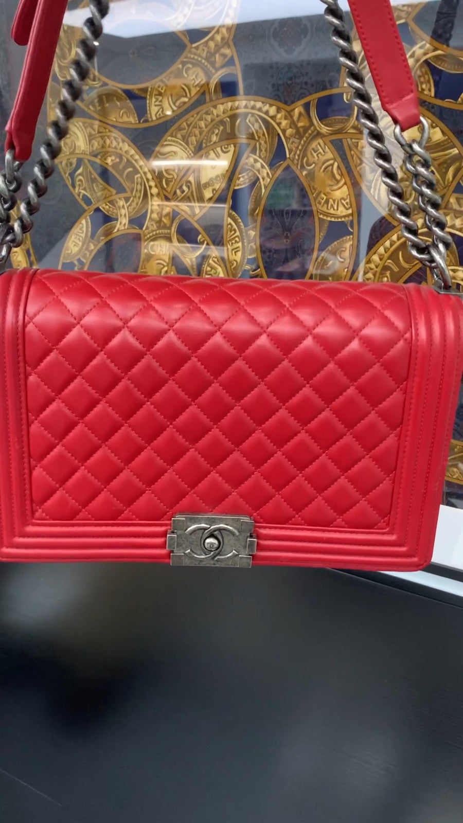 CHANEL Leboy GM Calfskin Chain Shoulder bag Red Silver Women Classic