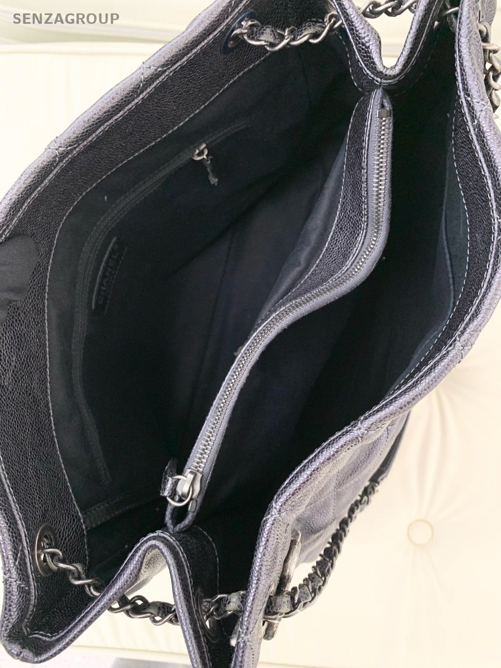 Chanel Diamond Calfskin Chain Tote Shoulder Bag Gray Silver Used Women Classic