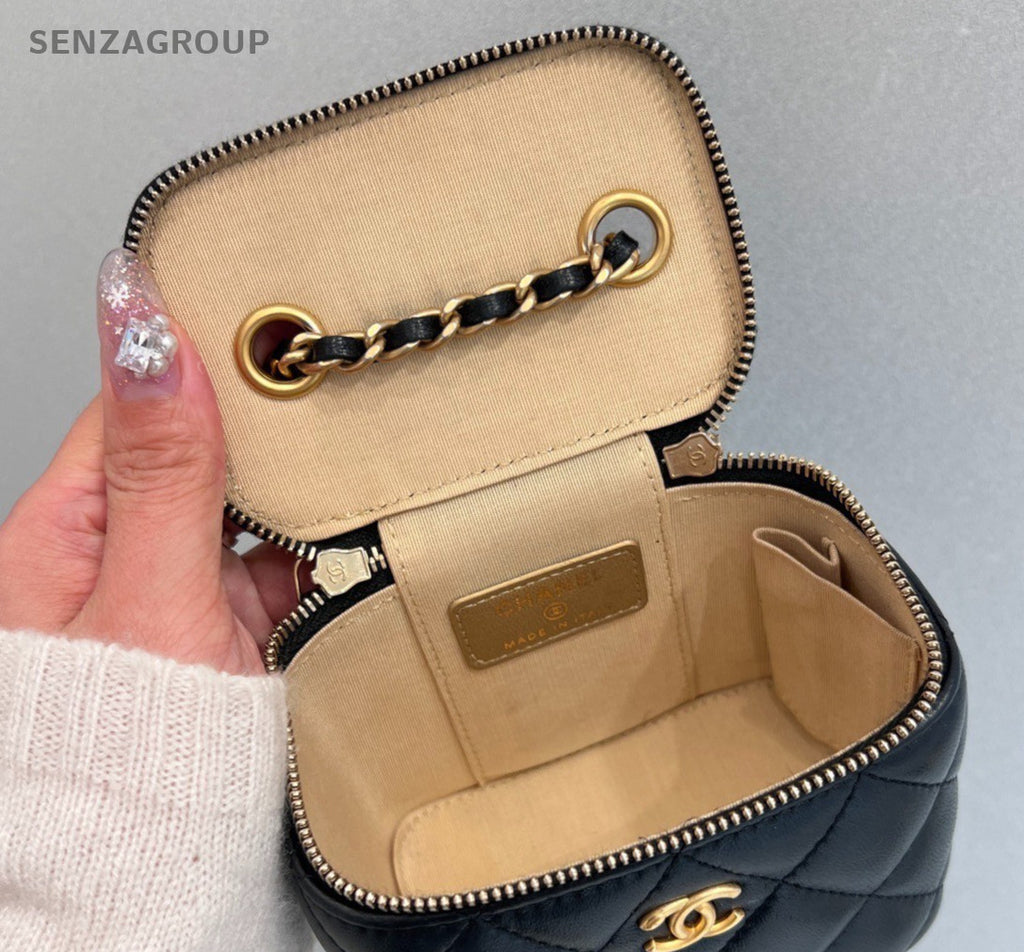 Chanel Vanity Case Chain Crossbody Black Gold Diamond Women Classic Fashion