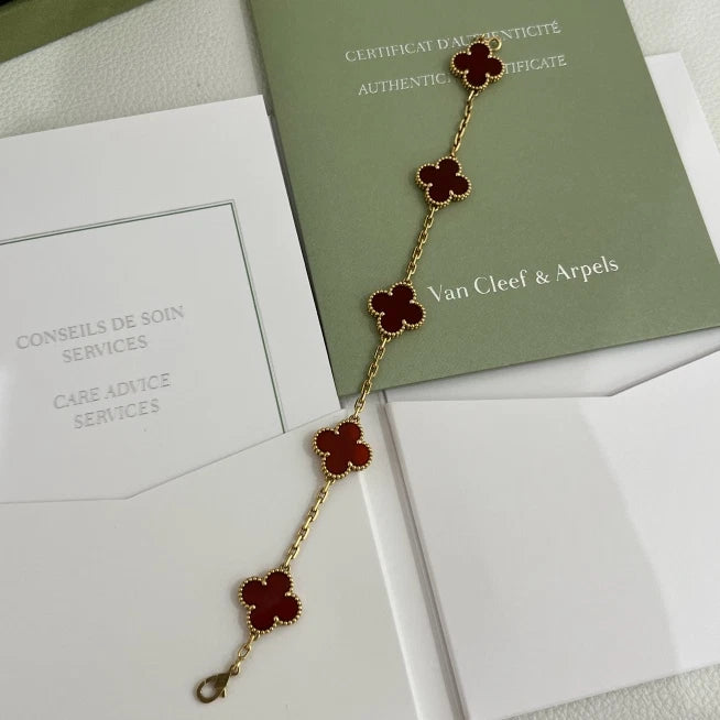 Van Cleef &amp; Arpels VCA Vintage Alhambra 5 Motifs Bracelet 18K YG Red Carnelian