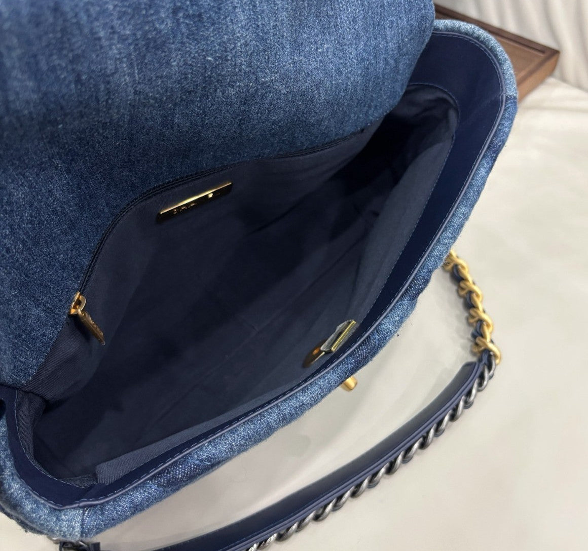 Chanel 19Bag MM Denim Chain Shoulder Bag Crossbody Blue Gold Women Classic