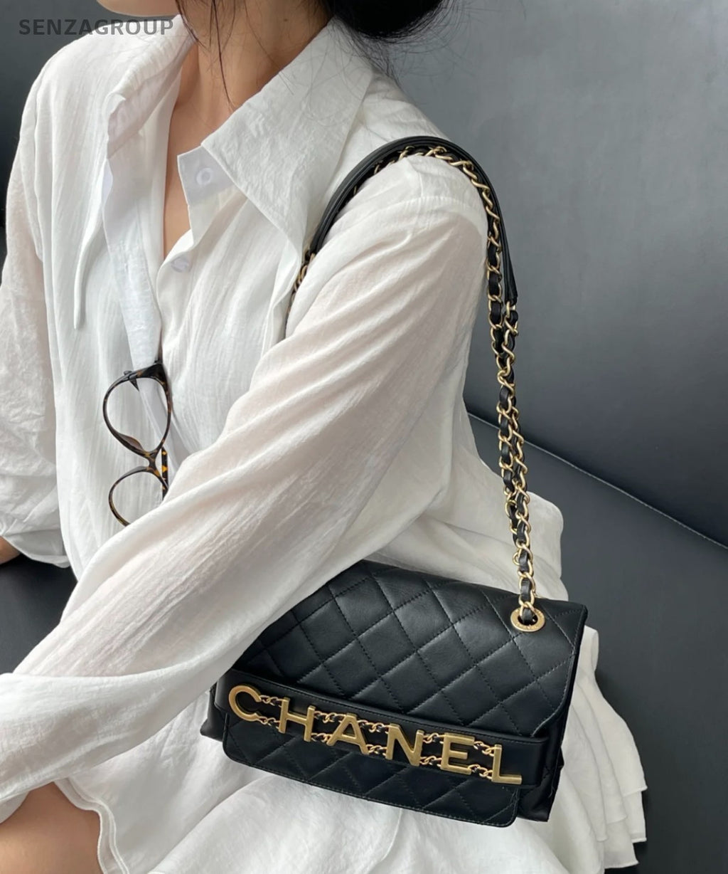 Chanel Diamond PM Chain Shoulder Bag Crossbody Black Gold Women Classic