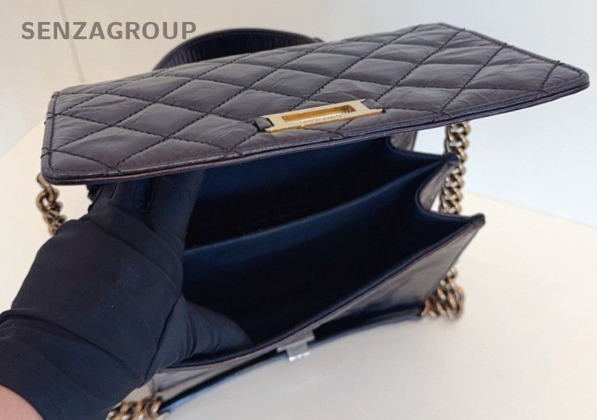 Chanel Quilted Leather Top Handle Shoulder Crossbody Bag Black Gold Women
