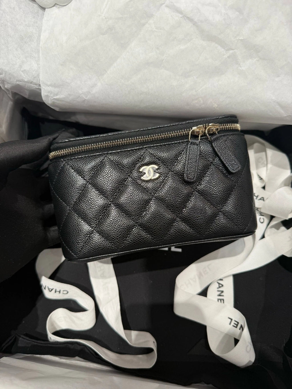 Chanel Vanity Leather Black Gold Shoulder Bag Excellent