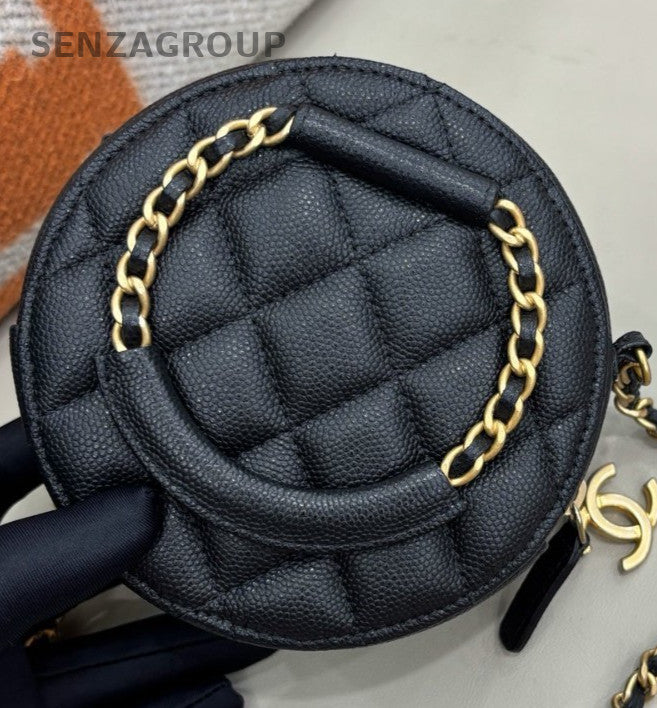Chanel Calfskin Leather Round Chain Top Handle Bag Crossbody Black Gold Women