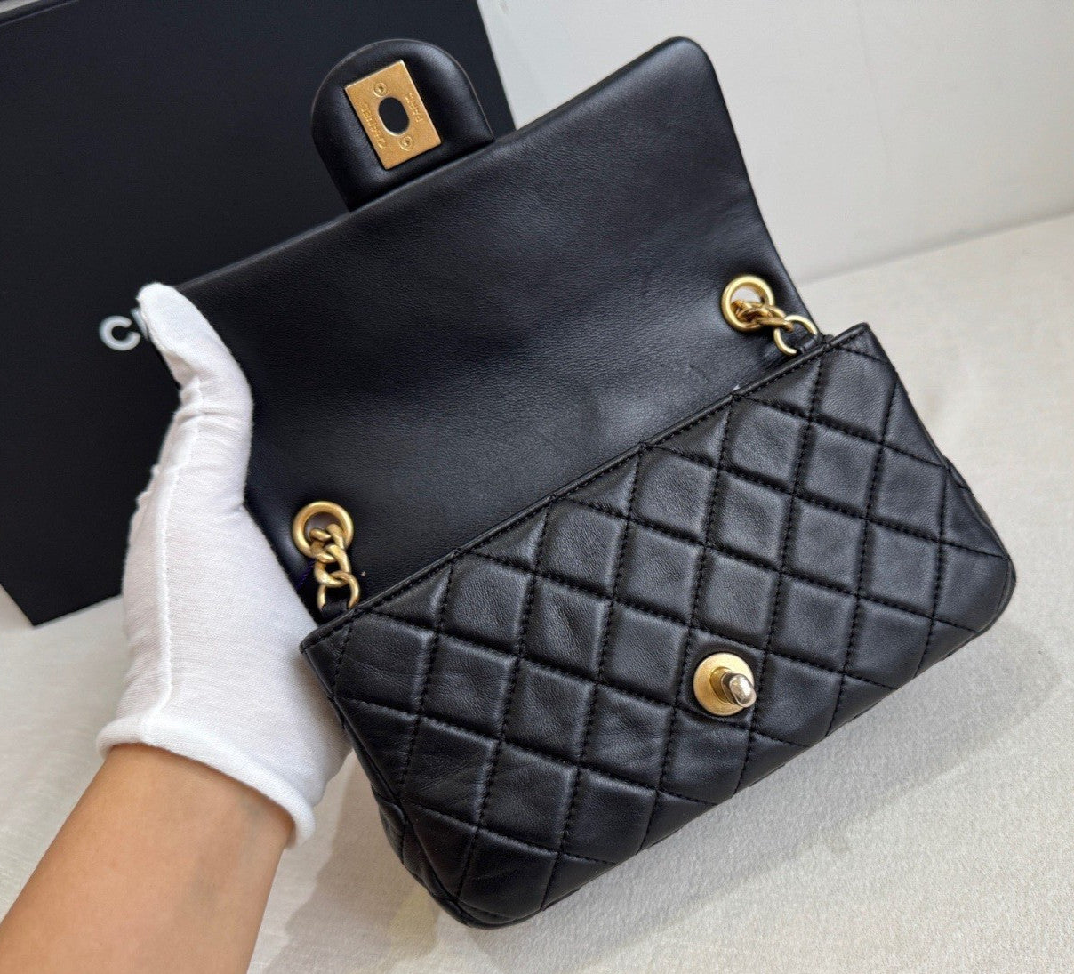 Chanel Diamond Mini Gemstone Chain Shoulder Bag Crossbody Black Gold Women