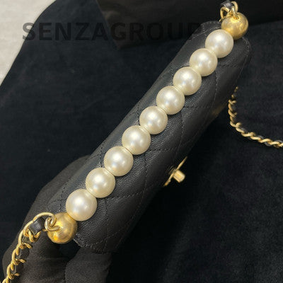Chanel Quilted Black Gold Pearl Vertical Chain Shoulder Crossbody Bag