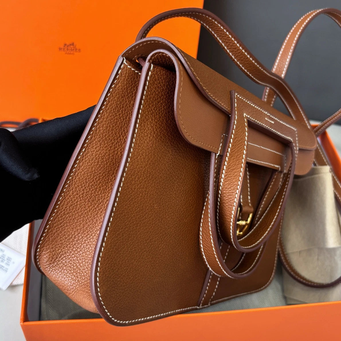 Excellent Hermes Halzan25 2Way Brown Gold Handbag Crossbody with Dust Bag Box